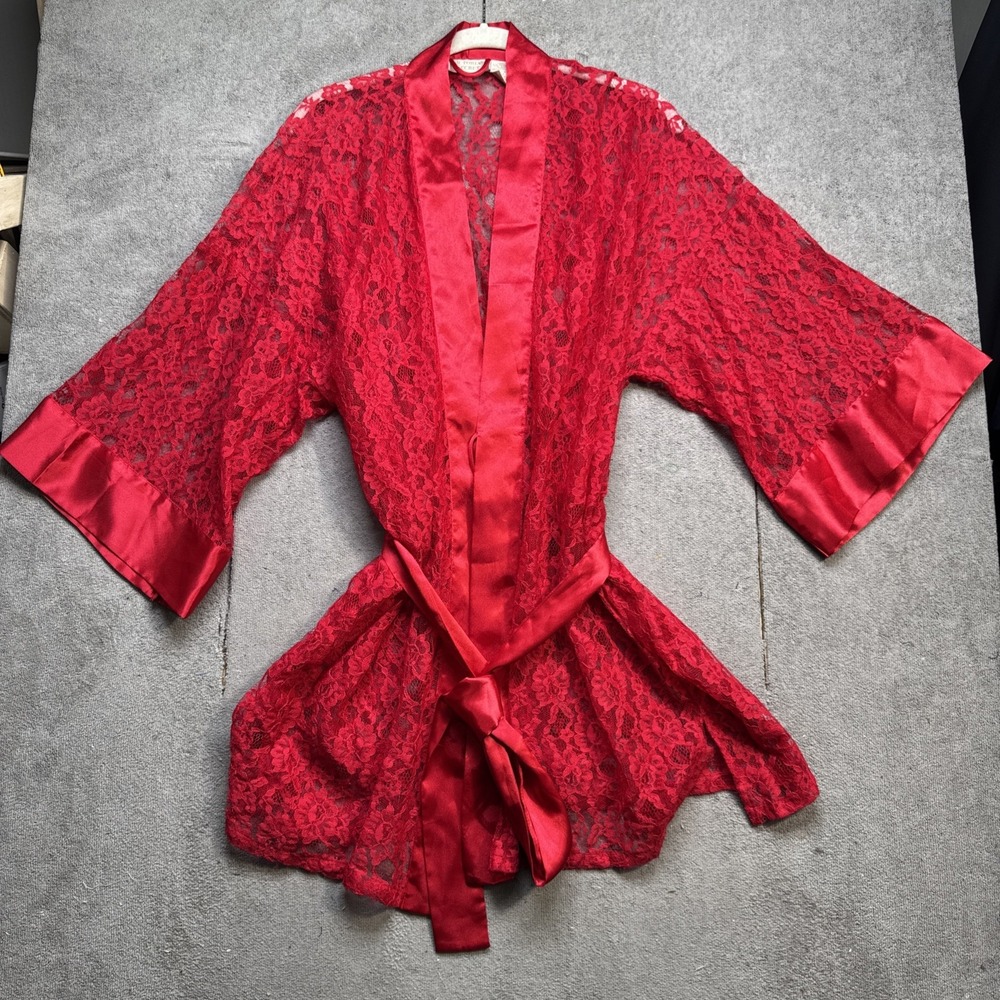 Victoria's Secret Gold Label Red‎ Brocade Kimono Robe OSFM Satin Trim Belted